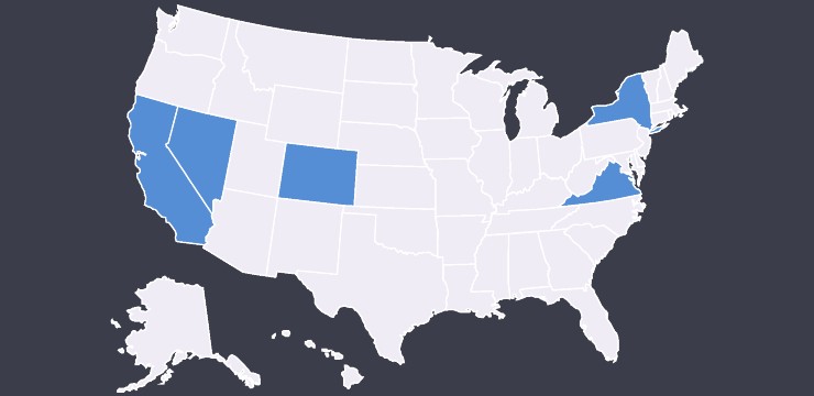 U.S. map highlighting California, Nevada, New York and Virginia
